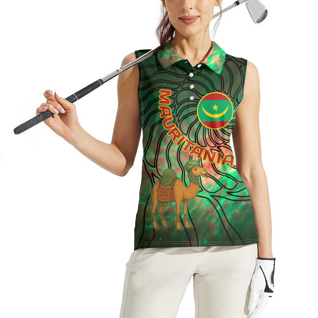Mauritania Women Sleeveless Polo Shirt with Green Tie Dye Camel and Crescent Moon Flag Design