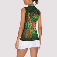 Mauritania Women Sleeveless Polo Shirt with Green Tie Dye Camel and Crescent Moon Flag Design