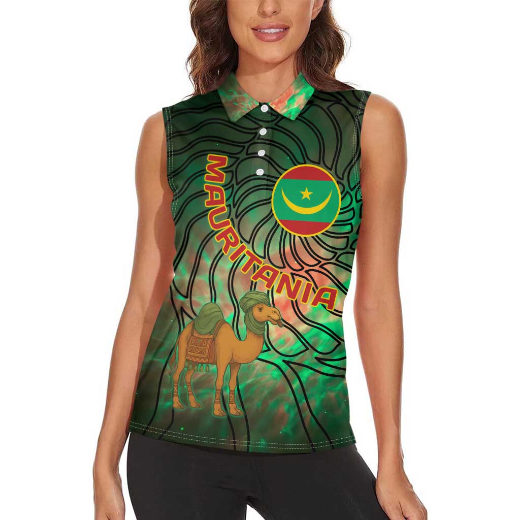 Mauritania Women Sleeveless Polo Shirt with Green Tie Dye Camel and Crescent Moon Flag Design