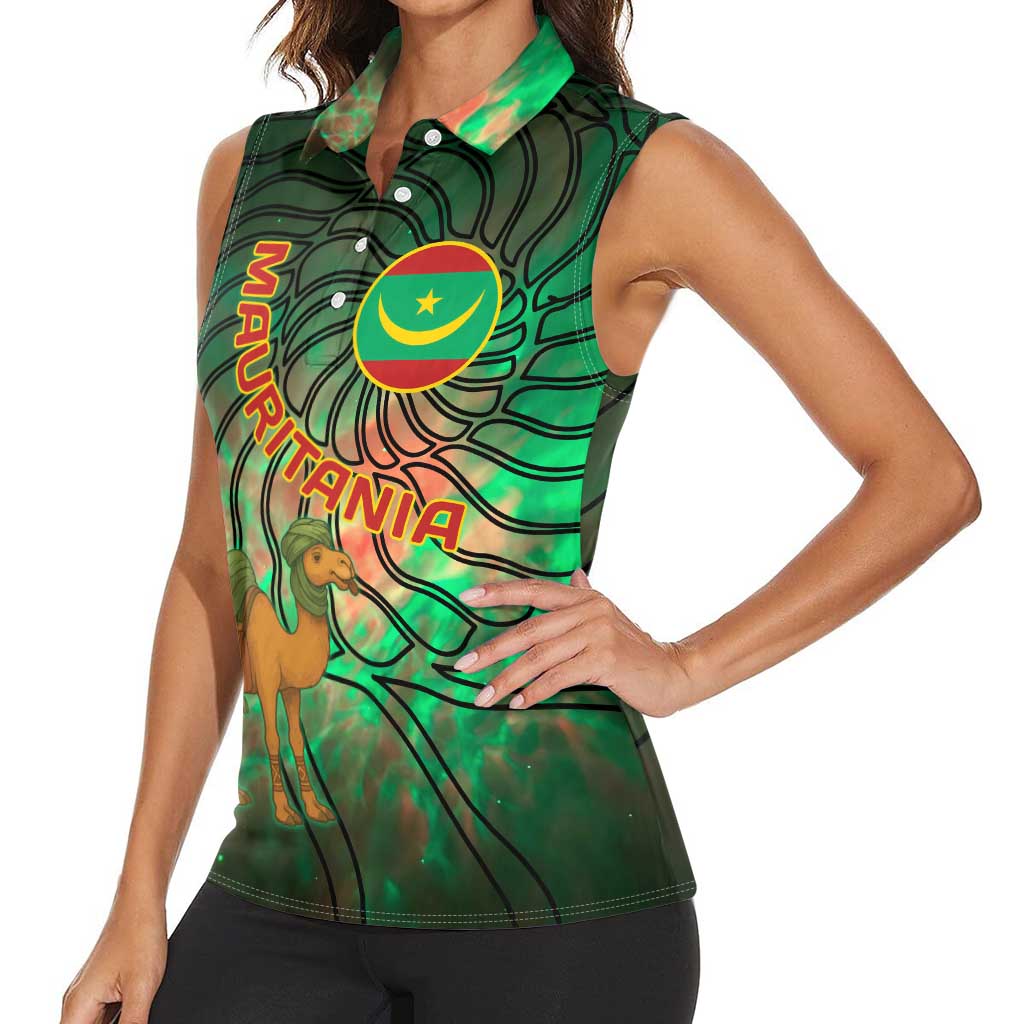 Mauritania Women Sleeveless Polo Shirt with Green Tie Dye Camel and Crescent Moon Flag Design