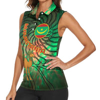 Mauritania Women Sleeveless Polo Shirt with Green Tie Dye Camel and Crescent Moon Flag Design