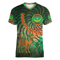 Mauritania Women V-Neck T-Shirt with Green Tie Dye Camel and Crescent Moon Flag Design