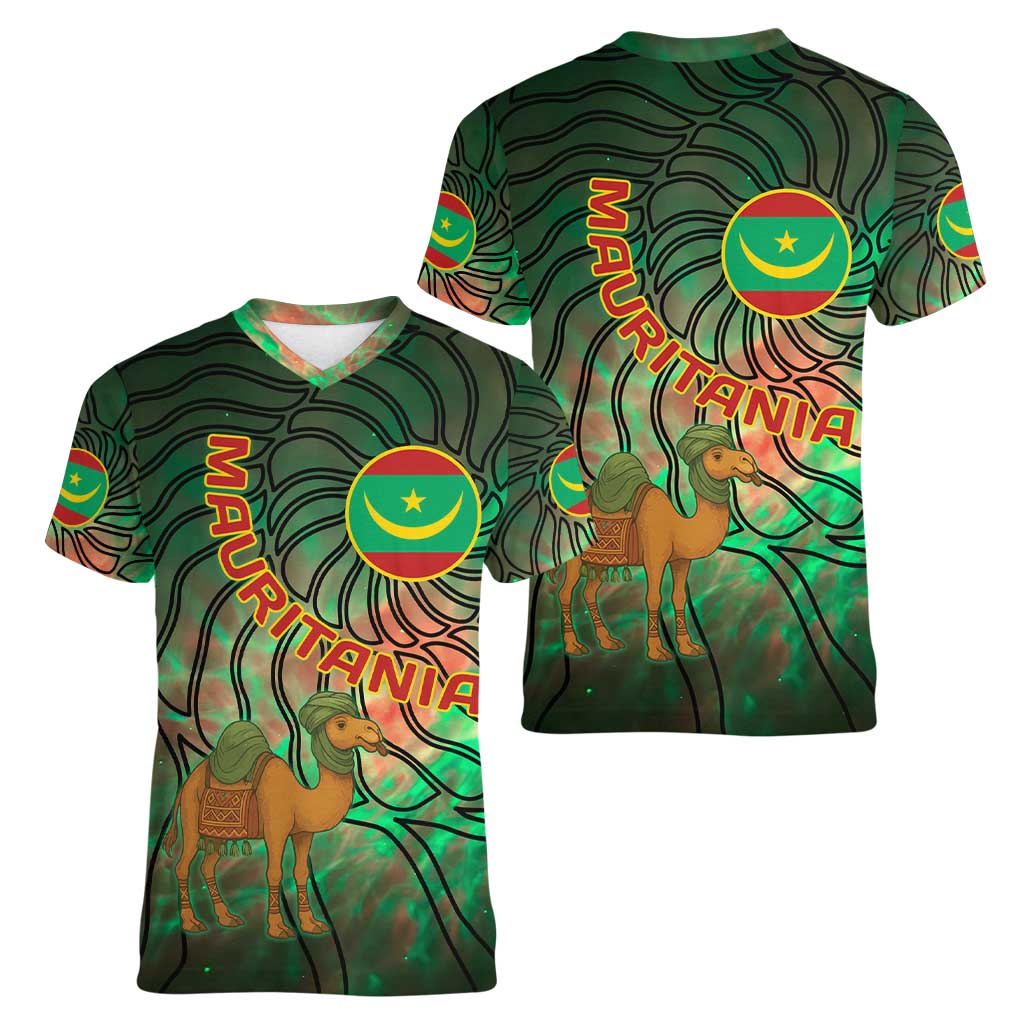 Mauritania Women V-Neck T-Shirt with Green Tie Dye Camel and Crescent Moon Flag Design