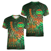 Mauritania Women V-Neck T-Shirt with Green Tie Dye Camel and Crescent Moon Flag Design