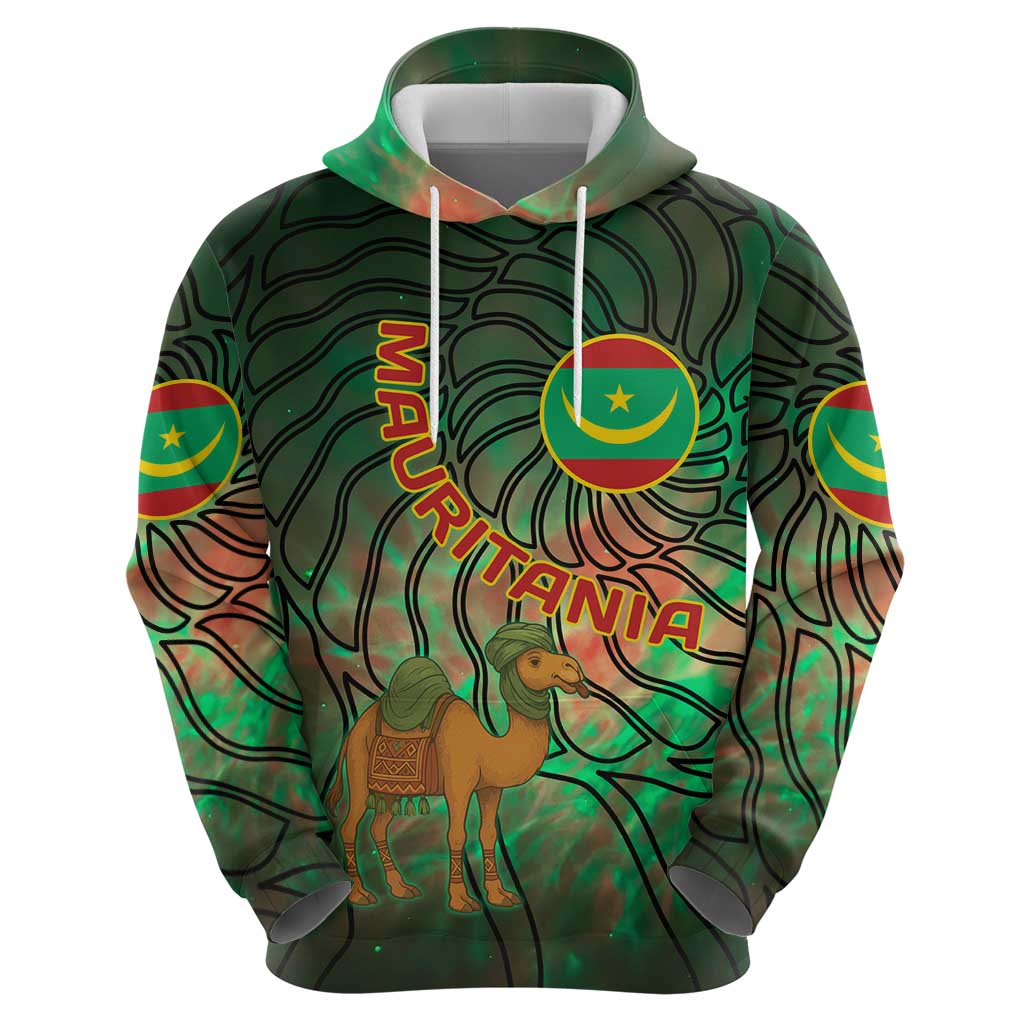 Mauritania Zip Hoodie with Green Tie Dye Camel and Crescent Moon Flag Design