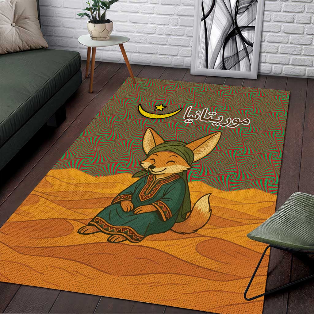 Mauritania Area Rug with Cute Fennec Fox and Arabic Calligraphy Desert Design