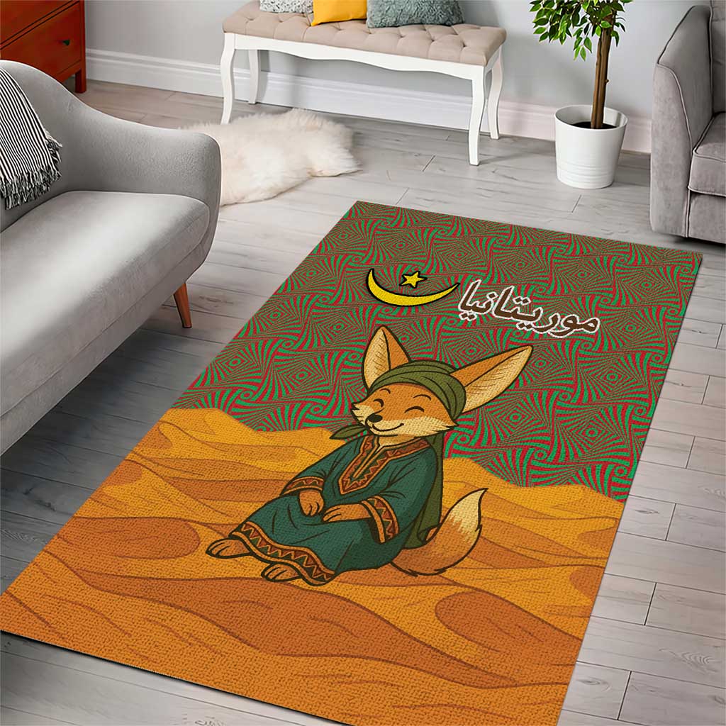 Mauritania Area Rug with Cute Fennec Fox and Arabic Calligraphy Desert Design