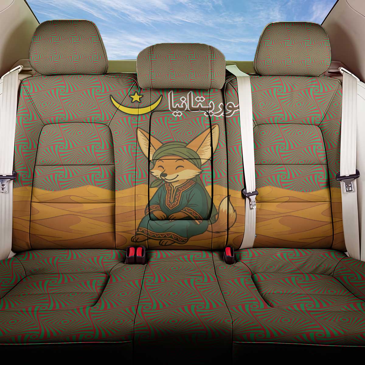 Mauritania Back Car Seat Cover with Cute Fennec Fox and Arabic Calligraphy Desert Design