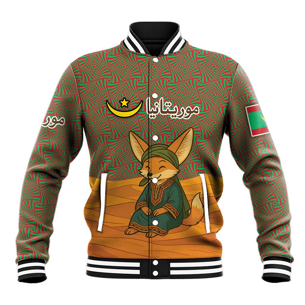 Mauritania Baseball Jacket with Cute Fennec Fox and Arabic Calligraphy Desert Design