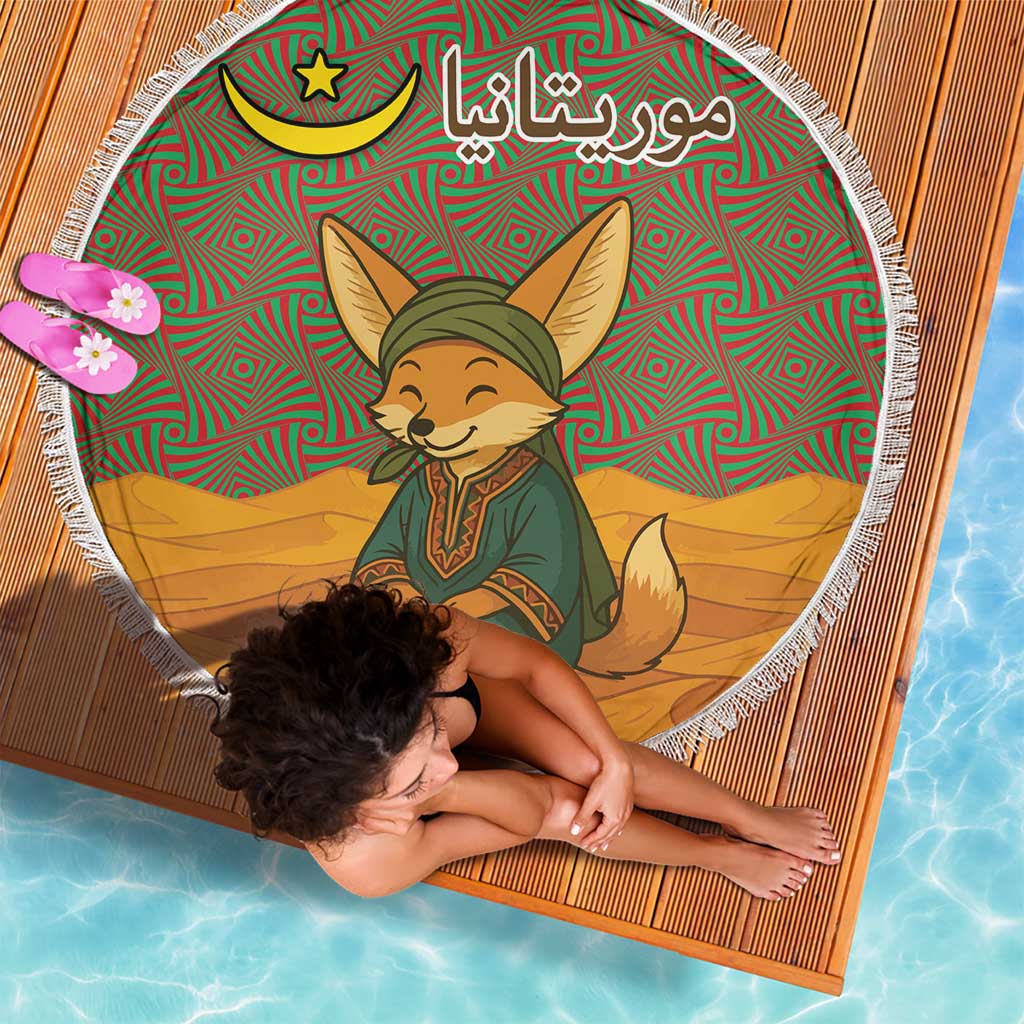 Mauritania Beach Blanket with Cute Fennec Fox and Arabic Calligraphy Desert Design
