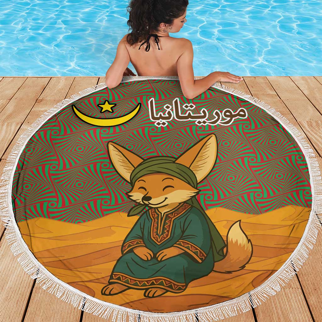 Mauritania Beach Blanket with Cute Fennec Fox and Arabic Calligraphy Desert Design