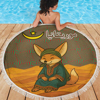 Mauritania Beach Blanket with Cute Fennec Fox and Arabic Calligraphy Desert Design