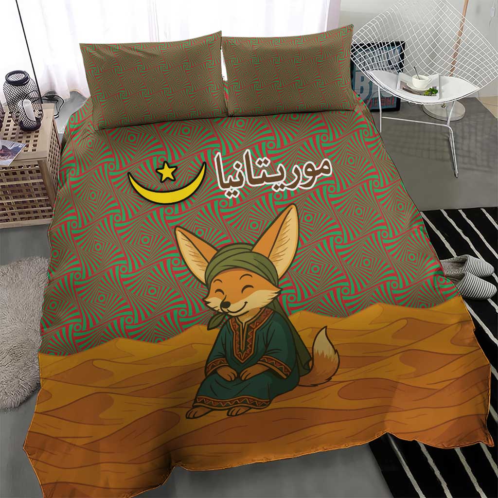 Mauritania Bedding Set with Cute Fennec Fox and Arabic Calligraphy Desert Design