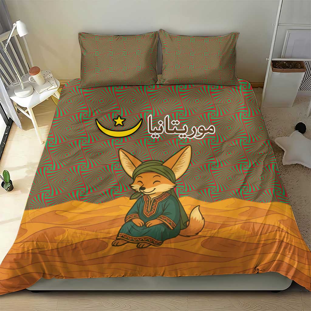 Mauritania Bedding Set with Cute Fennec Fox and Arabic Calligraphy Desert Design
