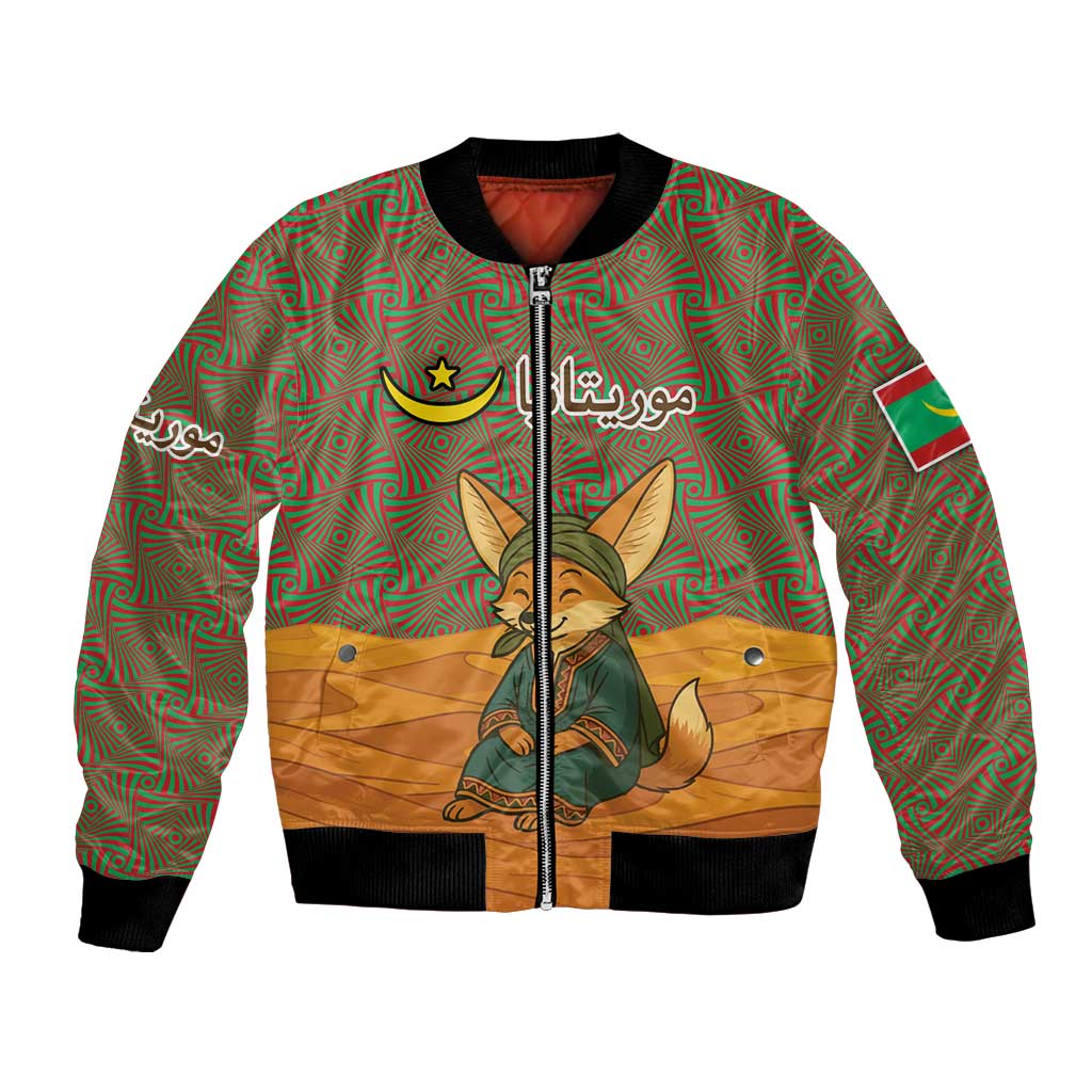 Mauritania Bomber Jacket with Cute Fennec Fox and Arabic Calligraphy Desert Design