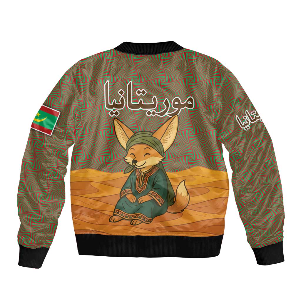 Mauritania Bomber Jacket with Cute Fennec Fox and Arabic Calligraphy Desert Design