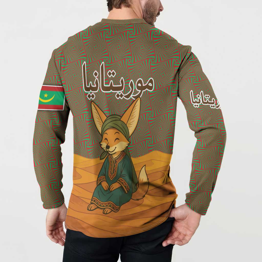 Mauritania Button Sweatshirt with Cute Fennec Fox and Arabic Calligraphy Desert Design