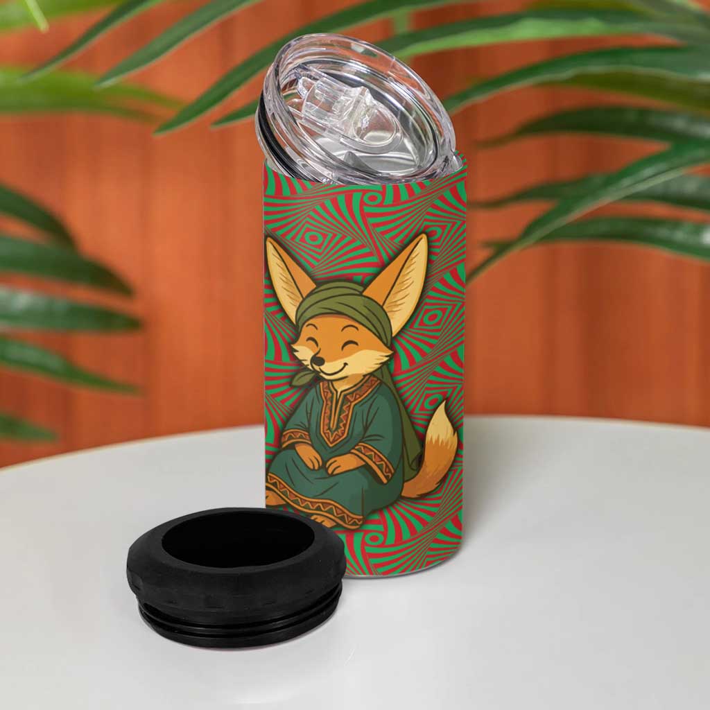 Mauritania 4 in 1 Can Cooler Tumbler with Cute Fennec Fox and Arabic Calligraphy Desert Design