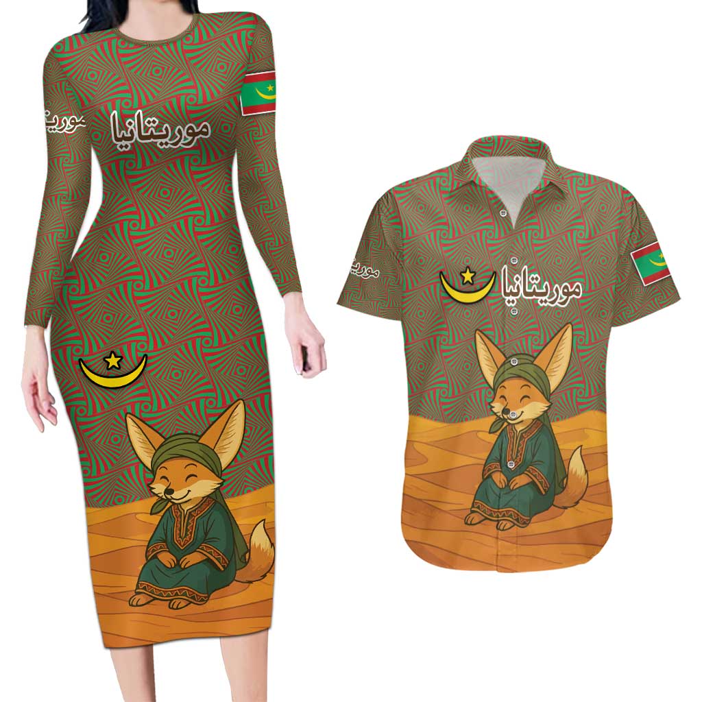 Mauritania Couples Matching Long Sleeve Bodycon Dress and Hawaiian Shirt with Cute Fennec Fox and Arabic Calligraphy Desert Design