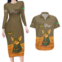 Mauritania Couples Matching Long Sleeve Bodycon Dress and Hawaiian Shirt with Cute Fennec Fox and Arabic Calligraphy Desert Design