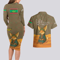 Mauritania Couples Matching Long Sleeve Bodycon Dress and Hawaiian Shirt with Cute Fennec Fox and Arabic Calligraphy Desert Design