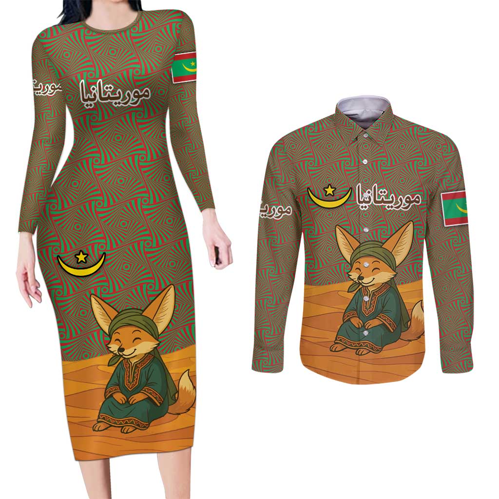 Mauritania Couples Matching Long Sleeve Bodycon Dress and Long Sleeve Button Shirt with Cute Fennec Fox and Arabic Calligraphy Desert Design