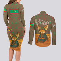 Mauritania Couples Matching Long Sleeve Bodycon Dress and Long Sleeve Button Shirt with Cute Fennec Fox and Arabic Calligraphy Desert Design