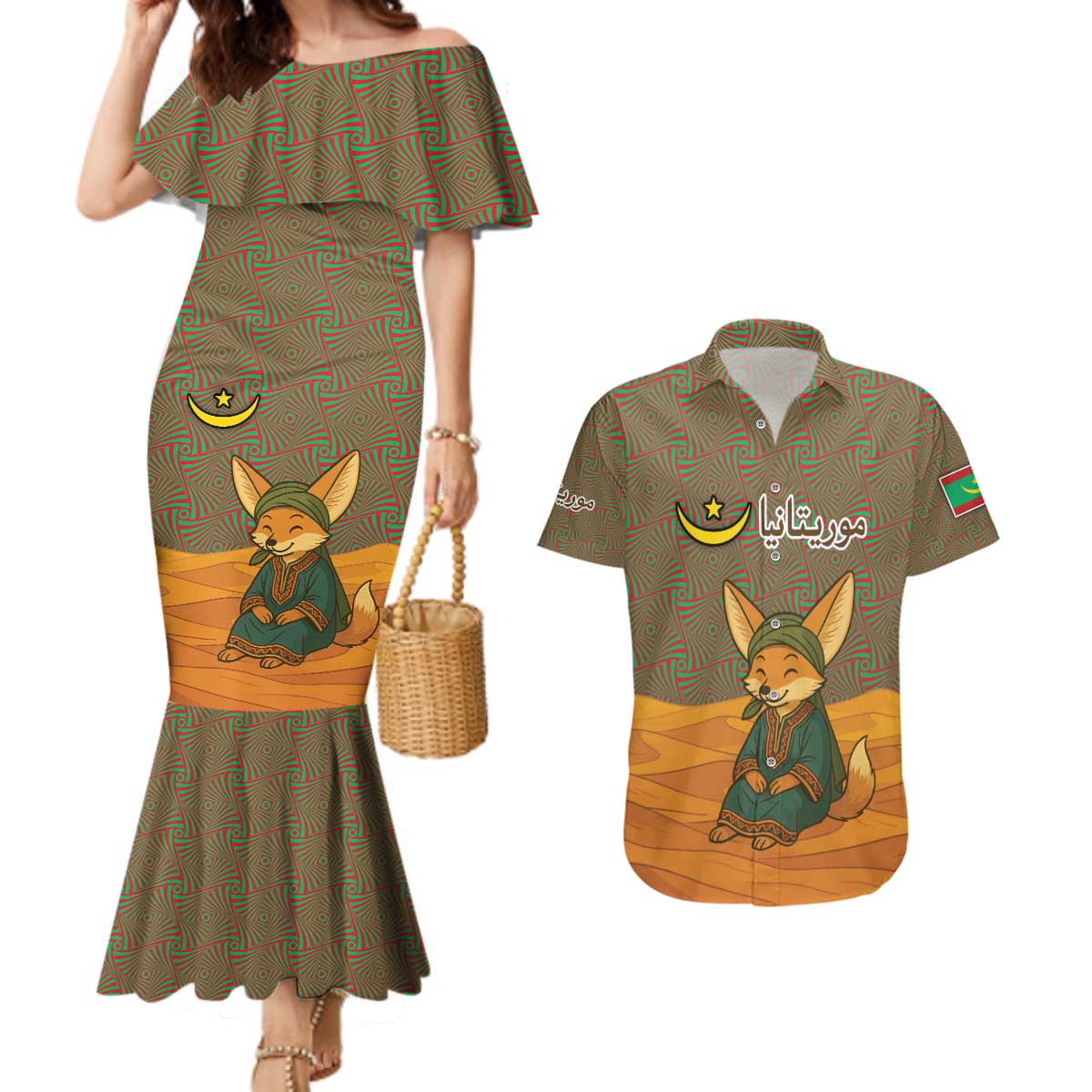 Mauritania Couples Matching Mermaid Dress and Hawaiian Shirt with Cute Fennec Fox and Arabic Calligraphy Desert Design