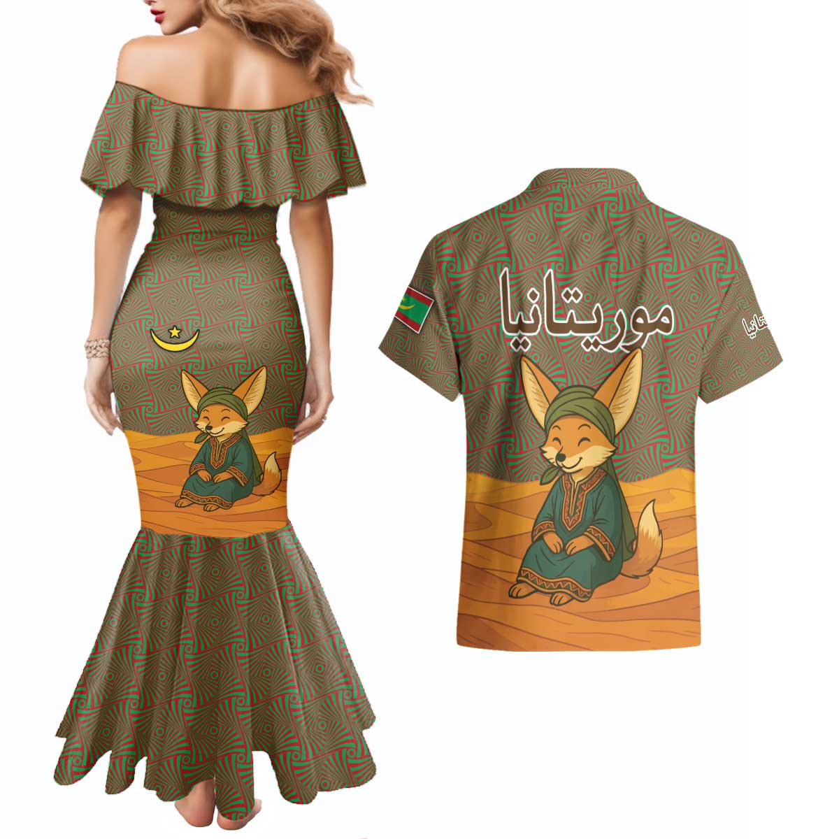 Mauritania Couples Matching Mermaid Dress and Hawaiian Shirt with Cute Fennec Fox and Arabic Calligraphy Desert Design