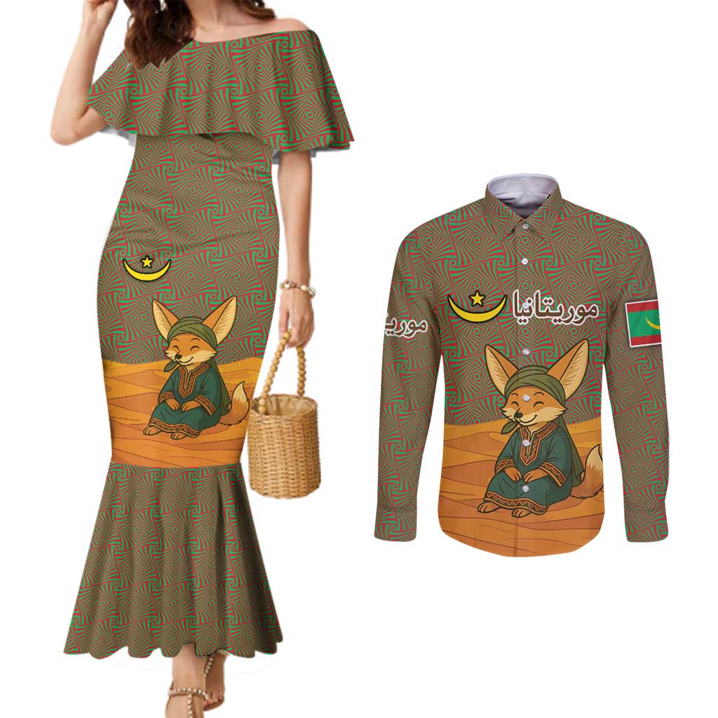 Mauritania Couples Matching Mermaid Dress and Long Sleeve Button Shirt with Cute Fennec Fox and Arabic Calligraphy Desert Design
