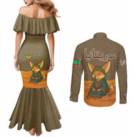 Mauritania Couples Matching Mermaid Dress and Long Sleeve Button Shirt with Cute Fennec Fox and Arabic Calligraphy Desert Design