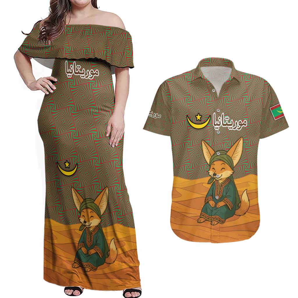 Mauritania Couples Matching Off Shoulder Maxi Dress and Hawaiian Shirt with Cute Fennec Fox and Arabic Calligraphy Desert Design