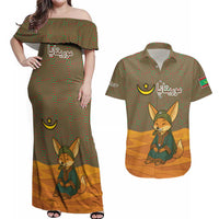 Mauritania Couples Matching Off Shoulder Maxi Dress and Hawaiian Shirt with Cute Fennec Fox and Arabic Calligraphy Desert Design