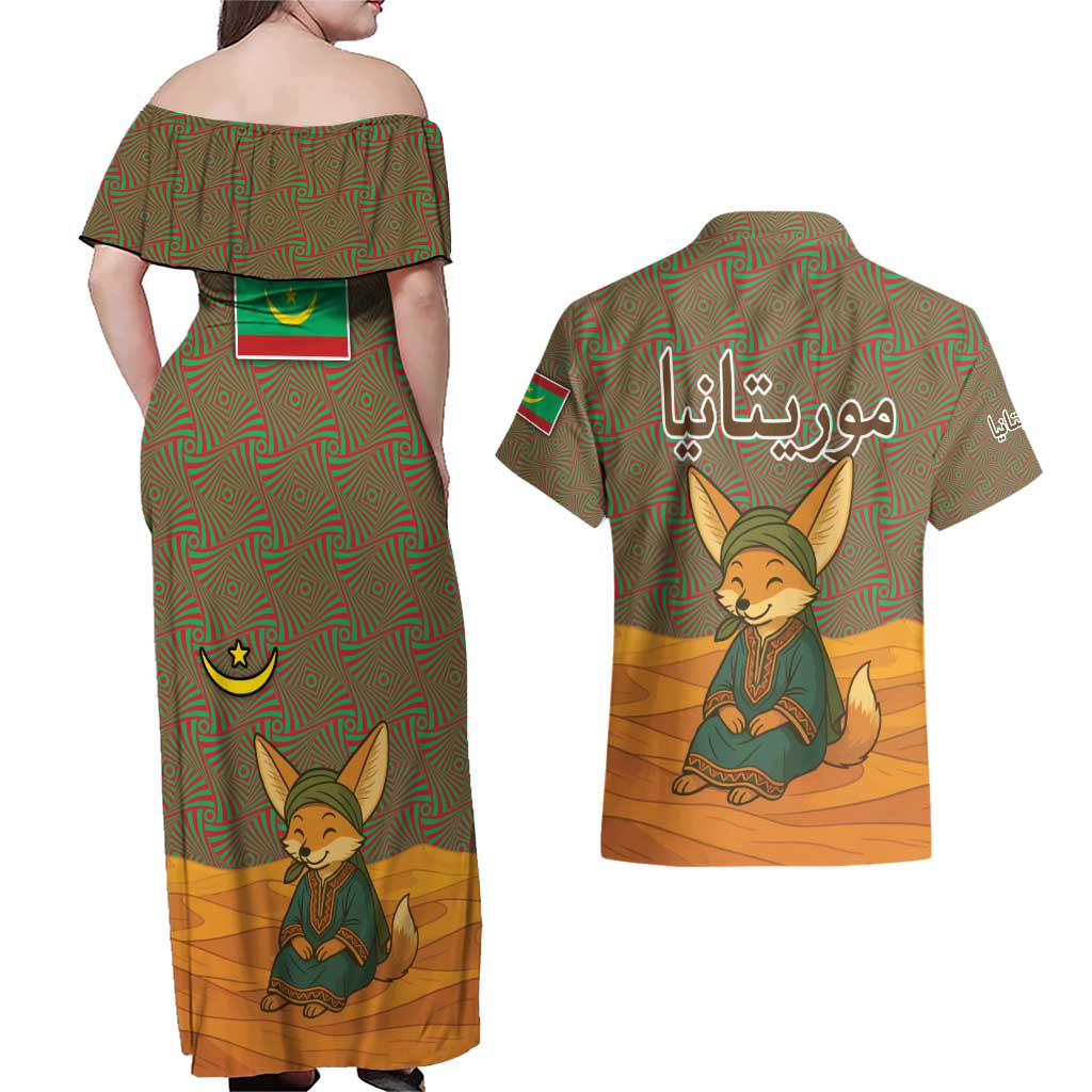 Mauritania Couples Matching Off Shoulder Maxi Dress and Hawaiian Shirt with Cute Fennec Fox and Arabic Calligraphy Desert Design