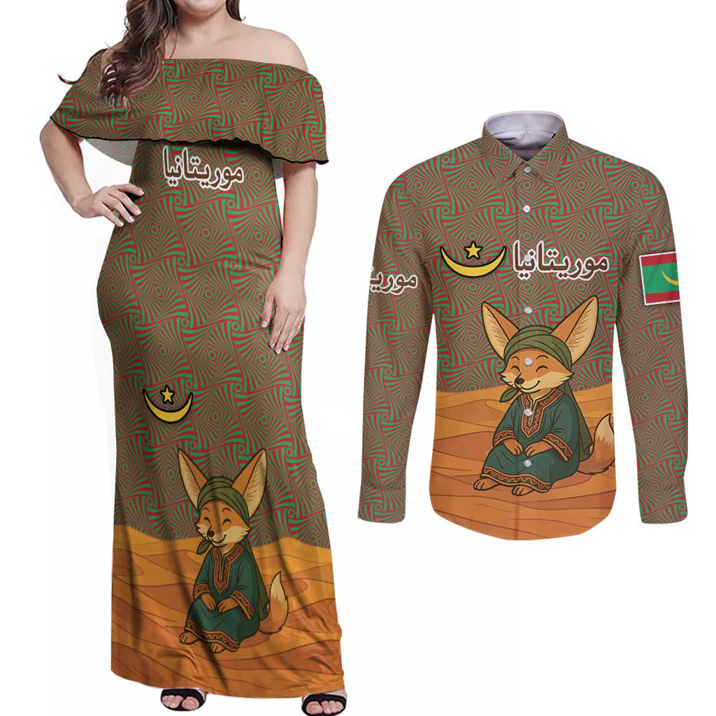 Mauritania Couples Matching Off Shoulder Maxi Dress and Long Sleeve Button Shirt with Cute Fennec Fox and Arabic Calligraphy Desert Design