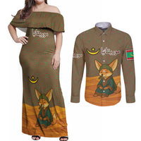 Mauritania Couples Matching Off Shoulder Maxi Dress and Long Sleeve Button Shirt with Cute Fennec Fox and Arabic Calligraphy Desert Design