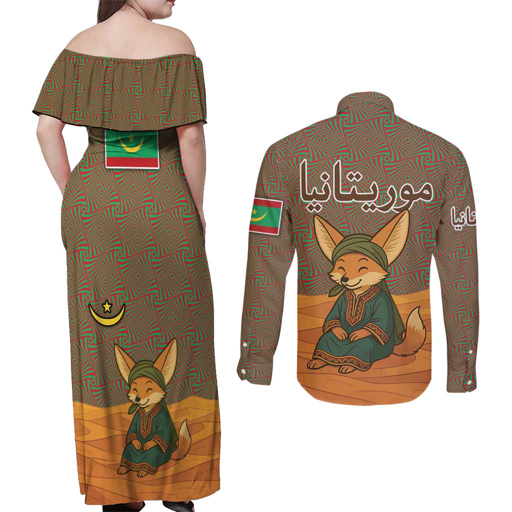 Mauritania Couples Matching Off Shoulder Maxi Dress and Long Sleeve Button Shirt with Cute Fennec Fox and Arabic Calligraphy Desert Design