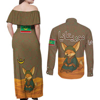 Mauritania Couples Matching Off Shoulder Maxi Dress and Long Sleeve Button Shirt with Cute Fennec Fox and Arabic Calligraphy Desert Design