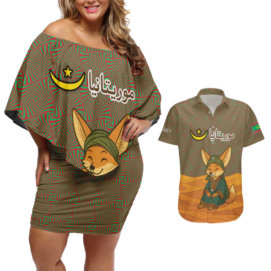 Mauritania Couples Matching Off Shoulder Short Dress and Hawaiian Shirt with Cute Fennec Fox and Arabic Calligraphy Desert Design