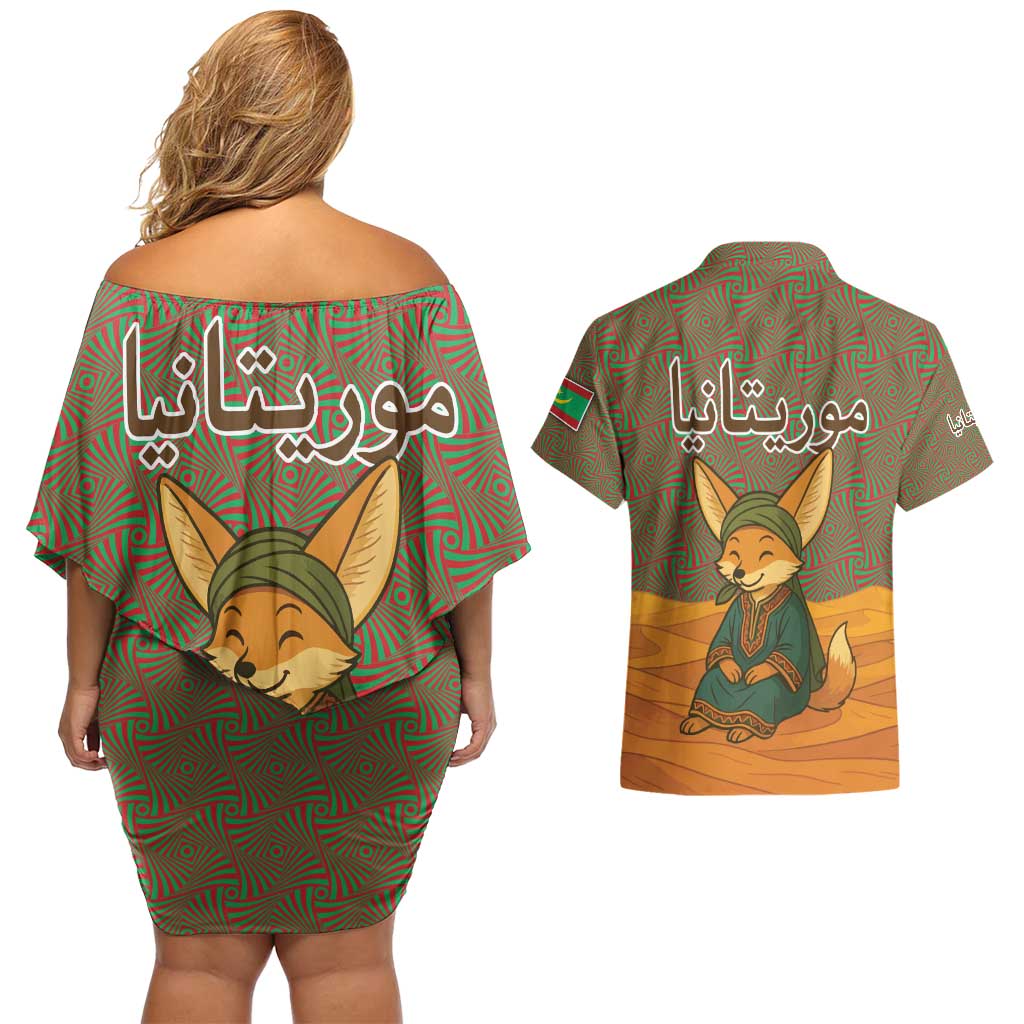 Mauritania Couples Matching Off Shoulder Short Dress and Hawaiian Shirt with Cute Fennec Fox and Arabic Calligraphy Desert Design