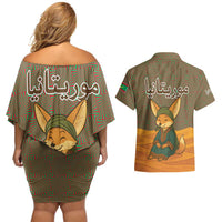 Mauritania Couples Matching Off Shoulder Short Dress and Hawaiian Shirt with Cute Fennec Fox and Arabic Calligraphy Desert Design
