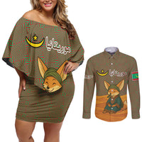 Mauritania Couples Matching Off Shoulder Short Dress and Long Sleeve Button Shirt with Cute Fennec Fox and Arabic Calligraphy Desert Design