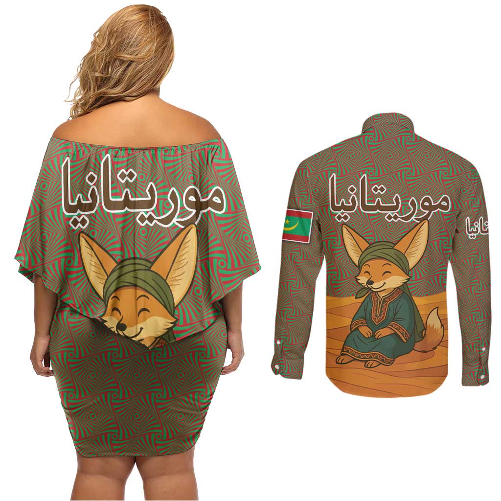 Mauritania Couples Matching Off Shoulder Short Dress and Long Sleeve Button Shirt with Cute Fennec Fox and Arabic Calligraphy Desert Design