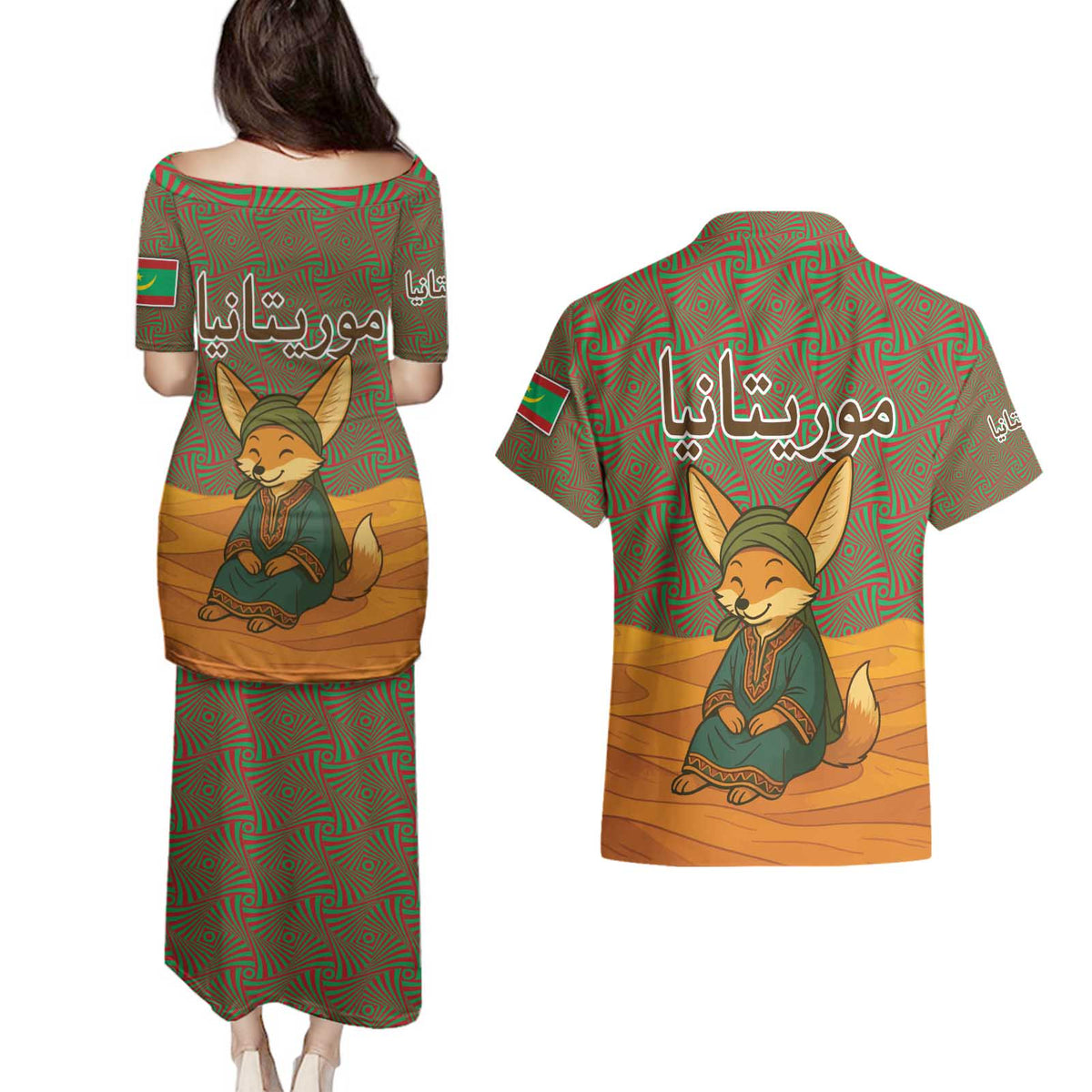 Mauritania Couples Matching Puletasi and Hawaiian Shirt with Cute Fennec Fox and Arabic Calligraphy Desert Design