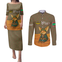 Mauritania Couples Matching Puletasi and Long Sleeve Button Shirt with Cute Fennec Fox and Arabic Calligraphy Desert Design