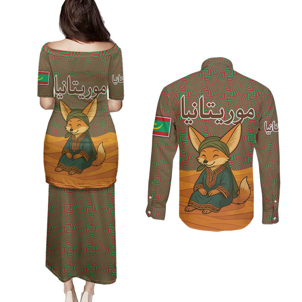 Mauritania Couples Matching Puletasi and Long Sleeve Button Shirt with Cute Fennec Fox and Arabic Calligraphy Desert Design