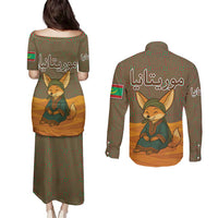 Mauritania Couples Matching Puletasi and Long Sleeve Button Shirt with Cute Fennec Fox and Arabic Calligraphy Desert Design