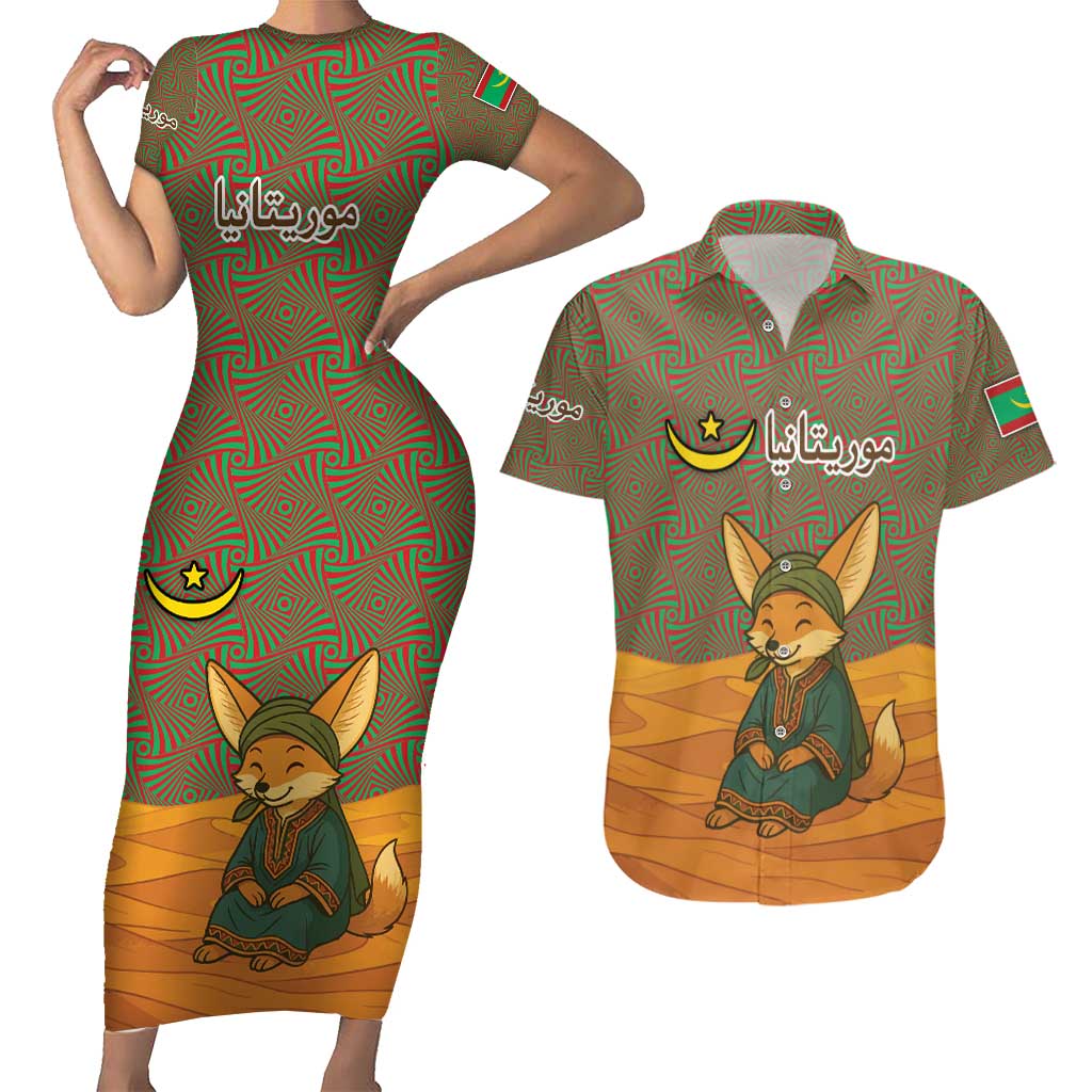 Mauritania Couples Matching Short Sleeve Bodycon Dress and Hawaiian Shirt with Cute Fennec Fox and Arabic Calligraphy Desert Design