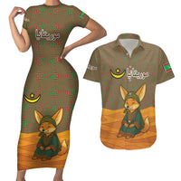 Mauritania Couples Matching Short Sleeve Bodycon Dress and Hawaiian Shirt with Cute Fennec Fox and Arabic Calligraphy Desert Design