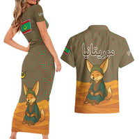 Mauritania Couples Matching Short Sleeve Bodycon Dress and Hawaiian Shirt with Cute Fennec Fox and Arabic Calligraphy Desert Design